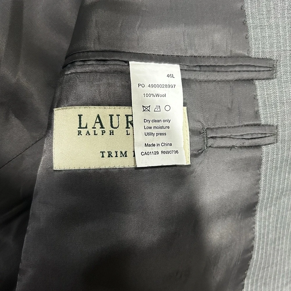 Lauren Ralph Lauren Blazer Sport Jacket 46 L Gray 100% Wool Trim Fit Pin Striped